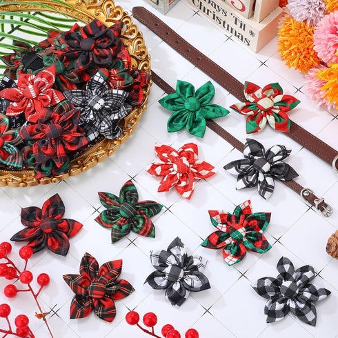60 Pcs Plaid Dog Collar Flowers, Bulk Pet Flower Collar Bow Ties for Small Medium Large Dogs and Cats