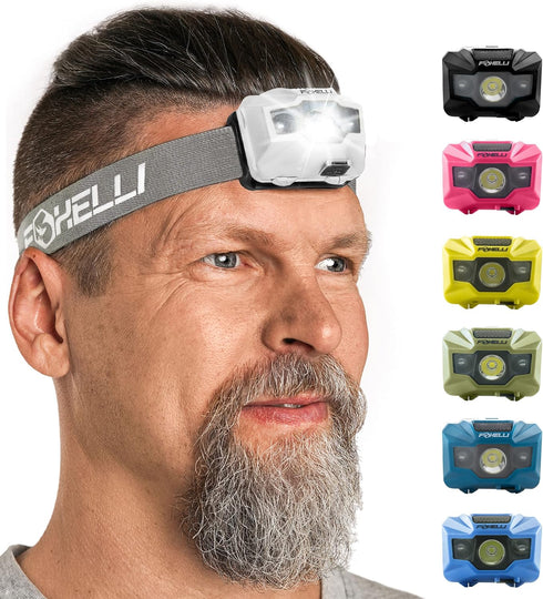 Foxelli Rechargeable LED Headlamp, Ultralight, Waterproof, USB Rechargeable with Red Light for Running, Camping, Hiking