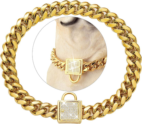 PRADOG Gold Chain Dog Collar, Stainless Steel Cuban Link Collar with Zirconia Buckle, Designer Bling Puppy Necklace