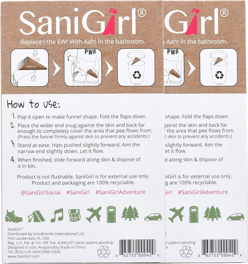 SaniGirl Womens Disposable Urination Device, Pee Funnel Travel Urinal for Girls, Bundle 20 Funnels for Hiking Camping