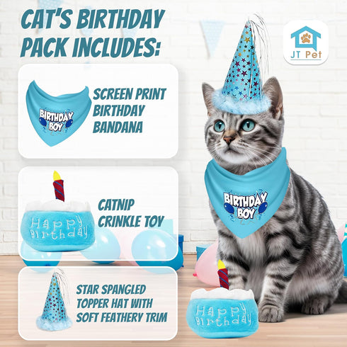 Cat Birthday Boy Party Pack, Bandana, Star Spangled Blue Party Hat, Catnip Birthday Cake Toy
