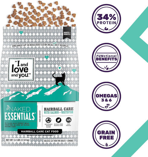 I AND LOVE AND YOU Naked Essentials Dry Cat Food, Salmon + Whitefish for Hairball Care, 3.4lb Bag