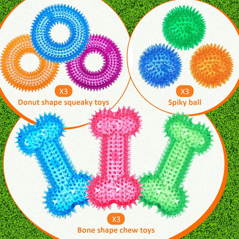 9 Pcs Dog Squeaky Toys Set, Dog Squeaky Balls Bone Shape Teething Toys Donut Shape Squeaky Dog Toys for Small Dogs Puppy Medium Dog TPR Rubber Pet Chew Toy for Training Fetching Teething