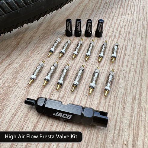 JACO Presta Valve Core Repair Kit for Bike Tires - Includes (12X) Replacement Valve Cores, (4X) Valve Caps & Removal