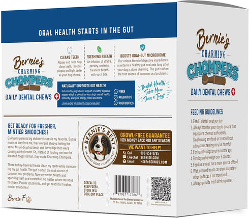 Bernie's Charming Chompers - Daily Dental Chews for Dogs 26-50 Lbs. - 36 Count - Cleans Teeth & Freshens Breath