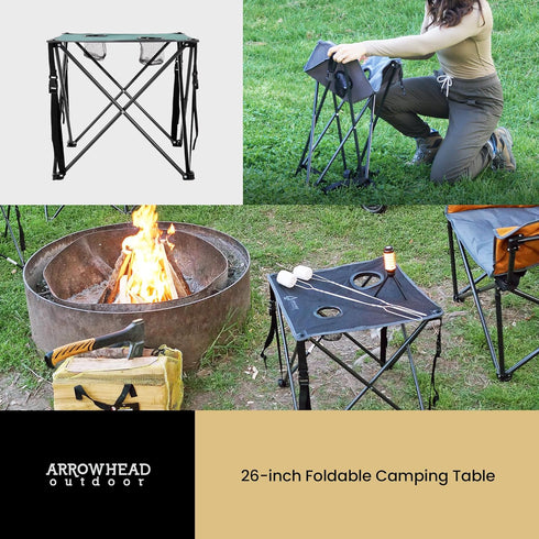 26 (66cm) 2 600D ARROWHEAD OUTDOOR Portable Camping Folding Table, Cup Holders, Square, Carrying Case, Steel Frame