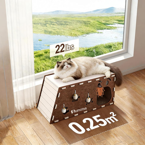 Bumotse 2-Story Large Cat Condo for Indoor Cats with Catnip Toy, Felt Cat Cave House with Scratching Tunnel, No-Tool