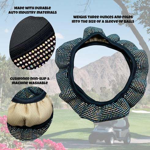 Universal Colorful Bling Crystal Rhinestones Golf Cart Steering Wheel Cover, Anti Slip, Great Gifts
