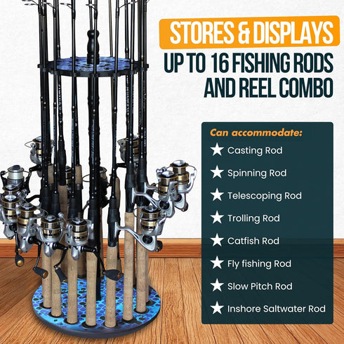 Rush Creek Creations Round Spinning Fishing Rod Holder for 16 Freshwater Fishing Poles, Garage Organization