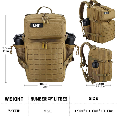 LHI Tactical Military Backpack, 45L Large Molle Army Assault Pack, 3 Day Travel Backpack for Men and Women