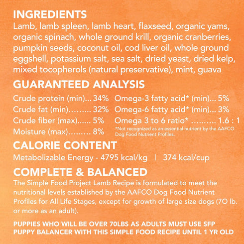 Simple Food Project - Lamb Recipe, Freeze Dried Raw Food for Dogs, 24oz