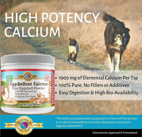 Eggshellent Calcium for Pets - 6 oz Fine Eggshell Powder Supplement for Dogs and Cats, Nourishes Muscles, Joints, and