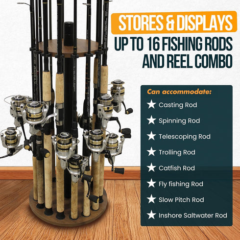 Rush Creek Creations 16 Round Fishing Rod Rack - Dark Walnut Fishing Pole Holder and Storage