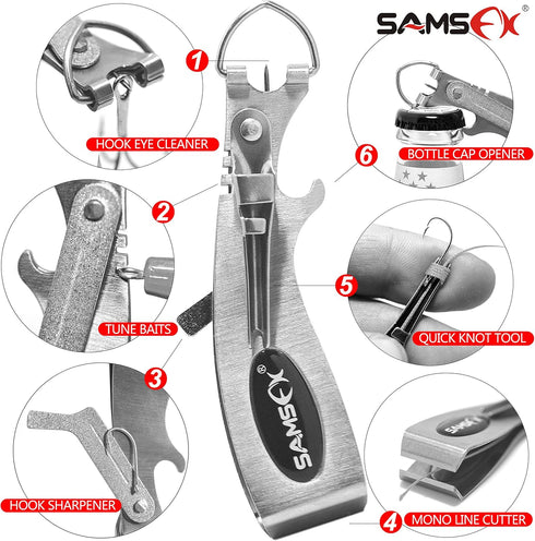 SAMSFX Fly Fishing Line Clipper Knot Tying Tool with Retractor, Hook Sharpener, Quick Knot Tool & Eye Cleaner