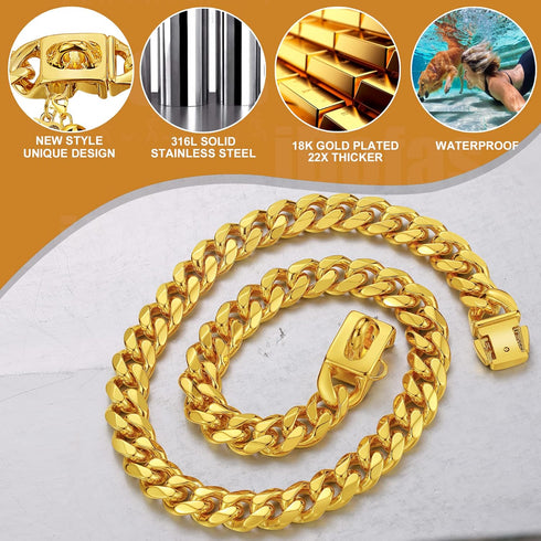 Cuban Link Dog Chain Collar, 12mm with Secure Snap, Bell & Dog Tag, Stainless Steel 18K Gold for Puppy, Small, Medium,