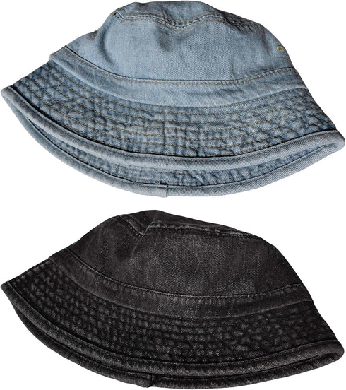 TSSGBL 2 Pack Cotton Denim Bucket Hats, Vintage Washed Packable Summer Trendy Beach Caps for Men Women