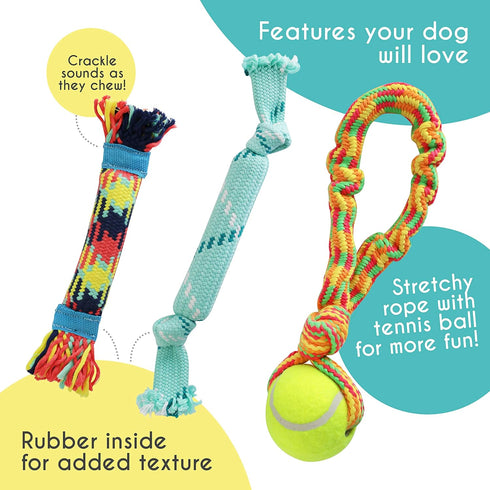 rocket & rex 3-Pack Dog Toy Set, Tug Rope Toys for Small to Medium Breeds, Rubber and Crackle for Extra Chewing Fun