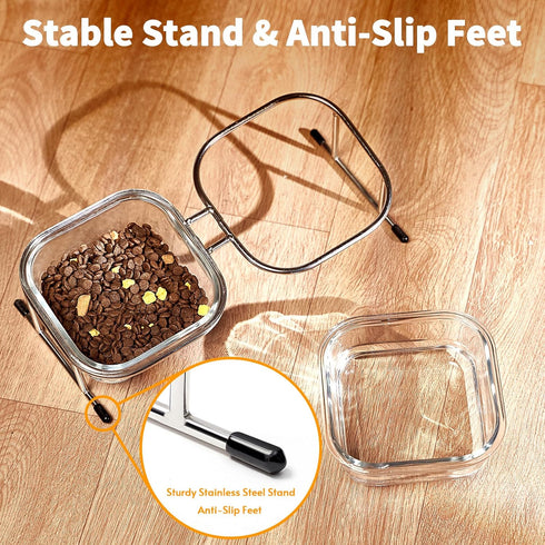 Elevated Cat Bowls, 15° Tilted Glass Raised Food Bowl with Stainless Steel Stand, 2 Large Capacity Bowls