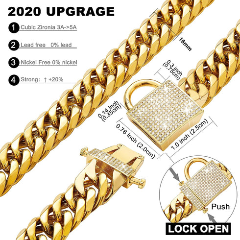 Gold Chain Dog Collar with Zirconia Locking - 18K Stainless Steel Heavy Duty Metal Puppy Bling Necklace (16mm, 14")