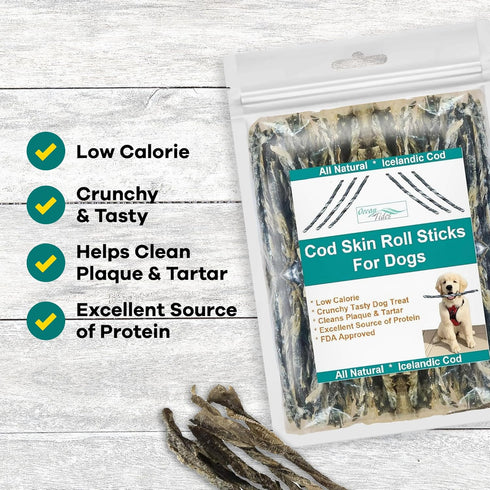 Ocean Tides Icelandic Atlantic Cod Fish Skin Treats for Dogs and Cats - Dried Lean Crunch Sticks Chews