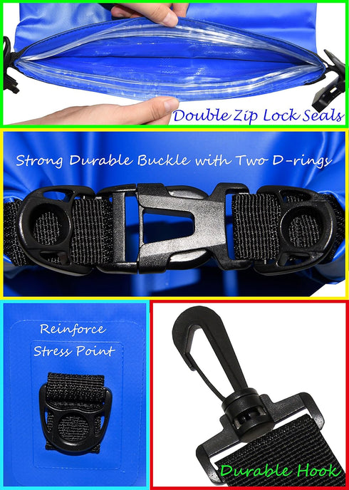 Waterproof Dry Bags Set of 3, 5L with 2 Zip Lock Seals, Detachable Shoulder Strap, Waist Pouch, Phone Case