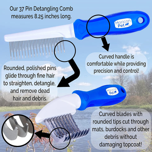 2 In 1 Dematting Razor Comb and 37 Pin Detangling Pet Comb Set for Dogs & Cats, Removes Knots & Tangles