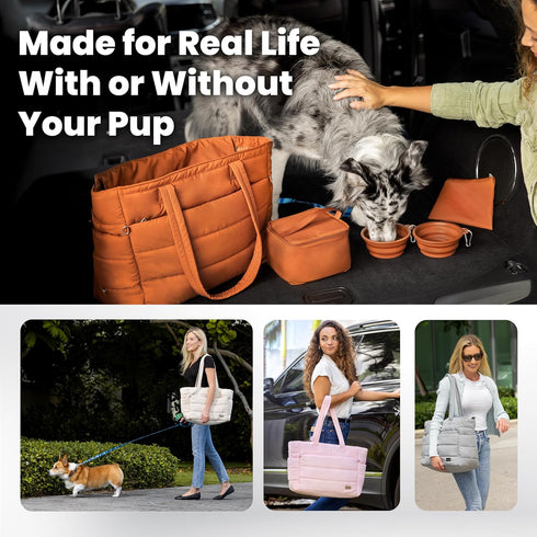rubyloo Puffer Dog Travel Bag for Dog Moms Doggy Diaper Bag with Pet Bowls & Food Storage or Everyday Puffy Tote Doggy