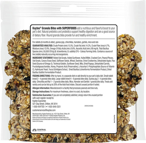 Chinchillas, 4.5 oz Kaytee Granola Bites with Superfoods Cranberry, Apple and Flax for Rats, Mice, Hamsters, Gerbils