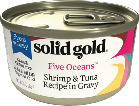 Solid Gold Wet Cat Food Shreds in Gravy, Real Tuna & Shrimp, Grain Free, 24 ct/3 oz Can