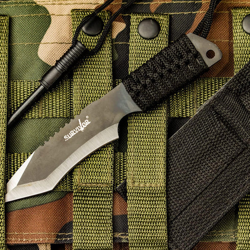 Survivor HK-759 Fixed Blade Knife, Two-Tone Tanto Blade, Black Cord-Wrapped Handle, 7-Inch Overall