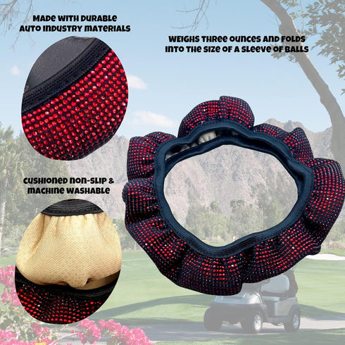 Universal Colorful Bling Crystal Diamond Rhinestones Golf Cart Steering Wheel Cover, Anti Slip Easy to Install (Red