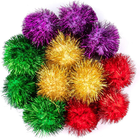 AUEAR 12 Pack 2 Inch Sparkle Ball Shiny Glitter Tinsel Pom Poms, Interactive Cat Balls for Kittens