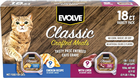 Evolve Classic Crafted Meals Cat Food Variety Pack - Chicken & Liver Recipe 3oz (Pack of 18)