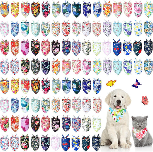 Sweetude 100 Pcs Dog Bandanas Bulk Floral Pattern Triangle Scarf Adjustable Washable