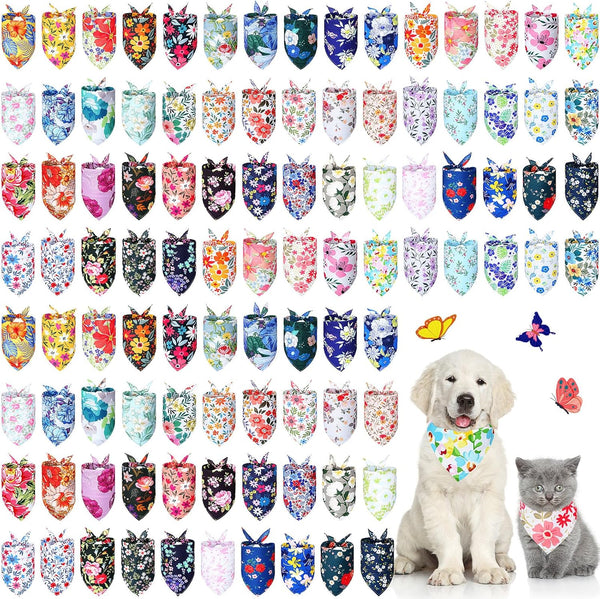 Sweetude 100 Pcs Dog Bandanas Bulk Floral Pattern Triangle Scarf Adjustable Washable