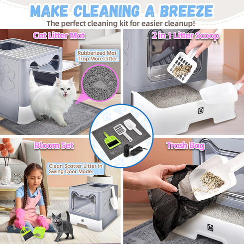 Enclosed Cat Litter Box with Lid Foldable Potty,Drawer Type Extra Large Cover Litter Box with Mat, Kitty Free