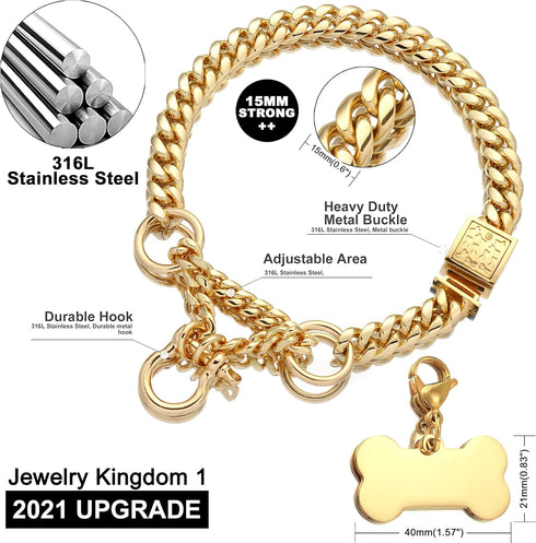 Jewelry Kingdom Gold Dog Martingale Collar Metal Chain with Design Secure Buckle Dog Tag, 18K Cuban Link 15MM (Strong