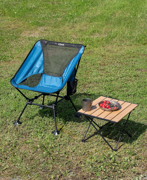 iClimb Ultralight Compact Camping Folding Beach Chair with Anti-Sinking Large Feet and Back Support Webbing (Blue