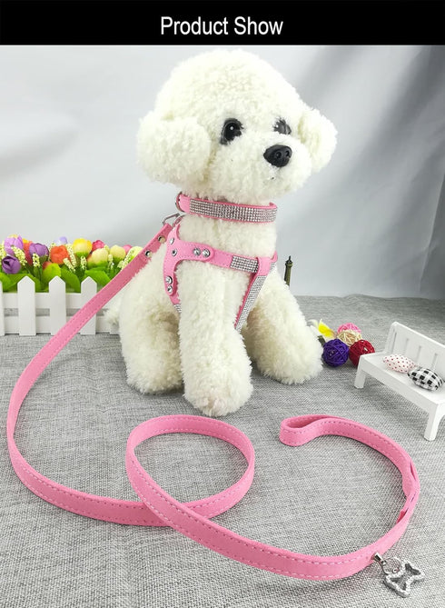 Fashion Dog Collar Set - Pink - Comfortable Soft Collar, Harness & Leashes for Dogs, Diamante Design, Size S