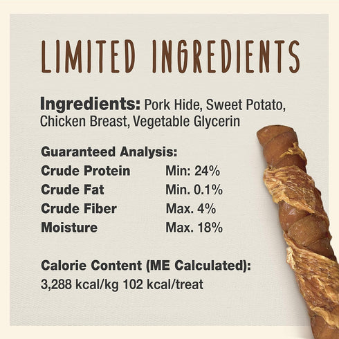 6 Count (Pack 2) Cadet Gourmet Triple Chews Long-Lasting Pork Hide Sticks with Sweet Potato and Chicken, Healthy Dog