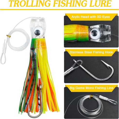 OROOTL Saltwater Fishing Trolling Lures for Tuna, Mahi, Marlin, 6" Big Game Sea Fishing Gear with Rigged Hook