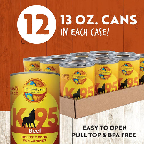 K95 13 oz Earthborn Holistic Beef Recipe Grain-Free Canned Moist Dog Food Can
