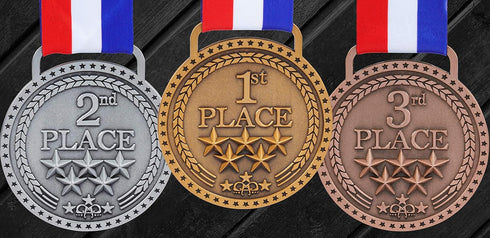 Gold Silver Bronze Medals for 1st 2nd 3rd Place Trophy Awards, Bright or Antique Finish with Attached Ribbon