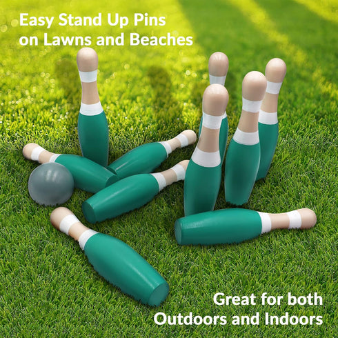 Sterling Sports Wooden Lawn Bowling Set with 9" Skittles, 10 Wooden Pins and 2 Balls, Carrying Mesh Bag,