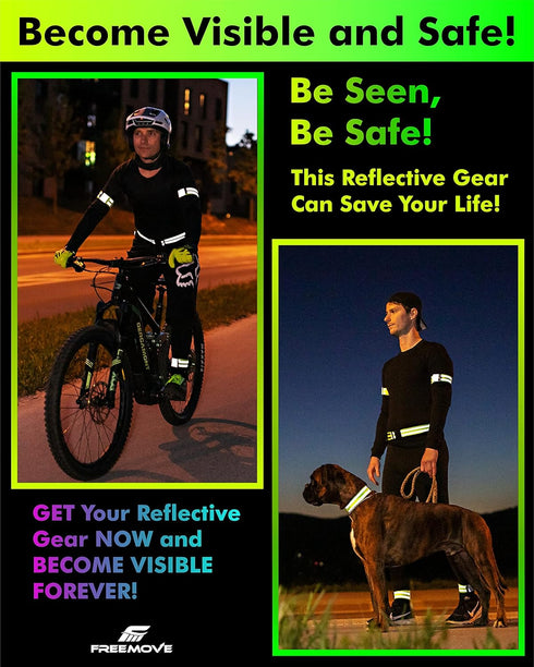 FREEMOVE Reflective SASH with 2 Bands or Reflective Runners Waist Belt with 4 Arm Bands for Visibility & Safety