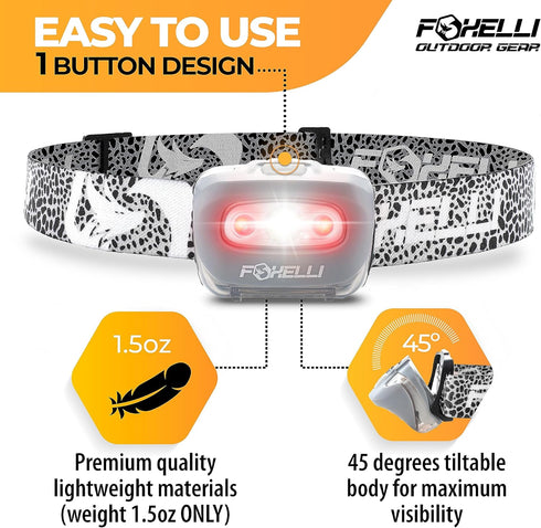 Foxelli LED Headlamp Flashlight for Adults & Kids, Lightweight Waterproof Head Lamp for Running, Camping, Hiking, 3 AAA