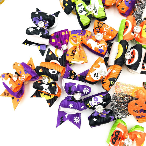 50Pcs Halloween Small Dogs Hair Bows, Puppy Hair Bow Ties with Pumpkin Skull Bat Ghost for Pet Grooming