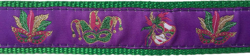Preston Mardi Gras Dog Collar and Leash Set in Purple Ribbon on Green Nylon Webbing (Extra Small)