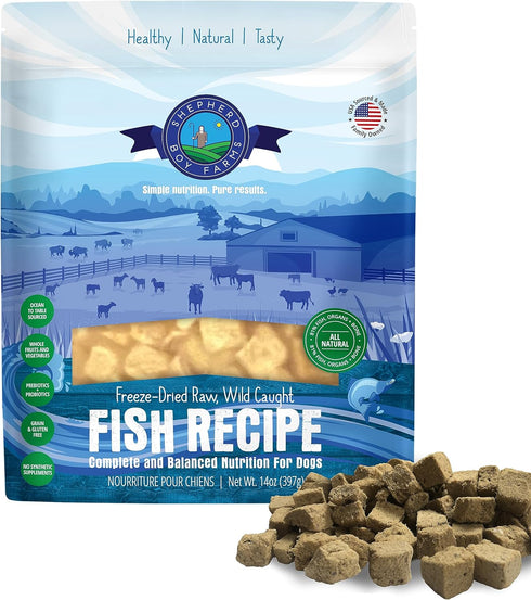 Freeze Dried Dog Food, Fish Medley Recipe, All Natural Raw Dog Food, 14oz Bag, Made in USA