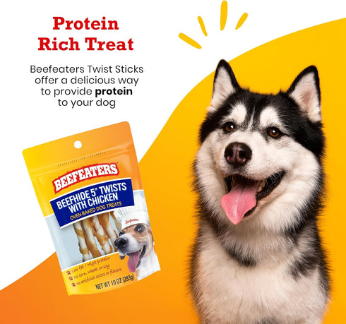 Beefeaters Beefhide 5in Twist with Chicken Dog Treats, 10 oz, High Protein, Low Fat, Promotes Clean Teeth